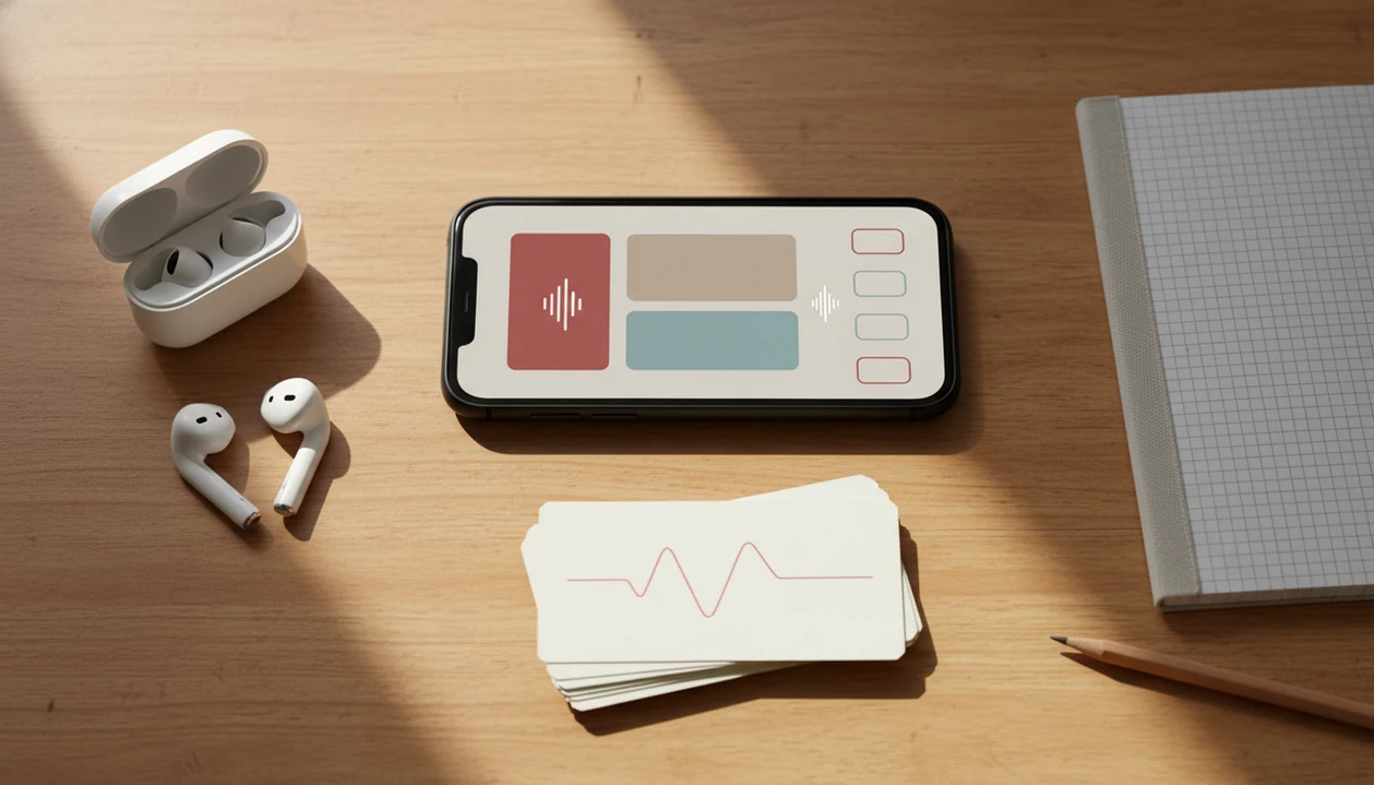 A phone-based Mandarin study setup with earbuds, flashcards, notebook, and audio practice tools on a desk.
