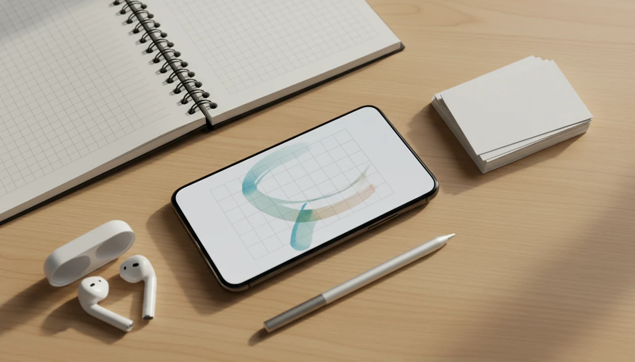 A phone study setup with earbuds, stylus, blank flashcards, and a notebook for hiragana practice.