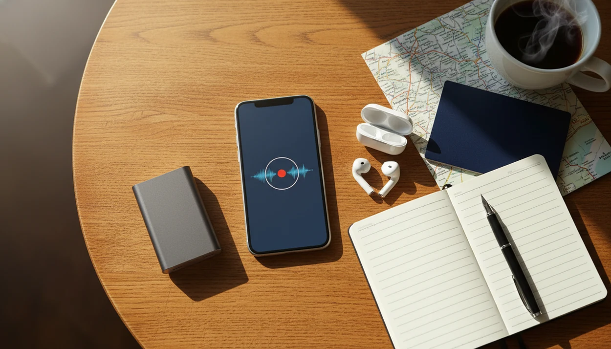 A phone with earbuds, notebook, map, and passport set up for practicing travel phrases before a trip.
