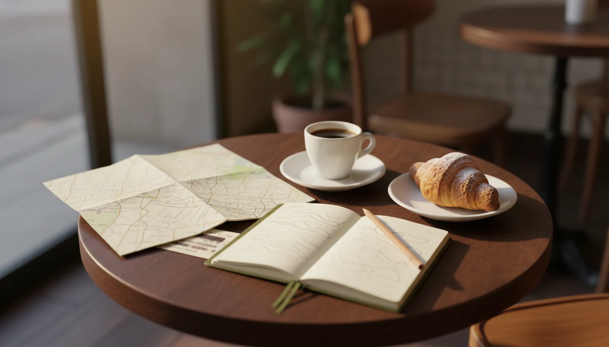 An espresso, map, and phrase notebook sit on an Italian café table for travel conversation practice.