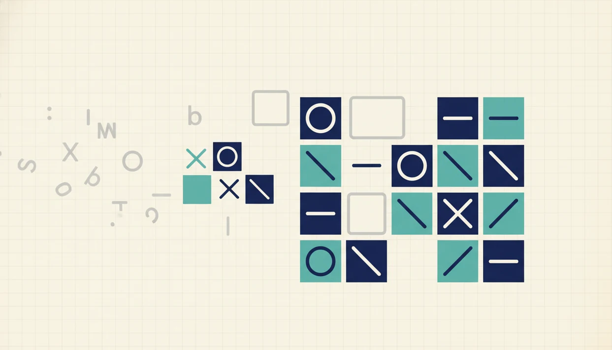 Abstract Hangul-inspired blocks replace faded roman letters to show structured Korean reading practice.