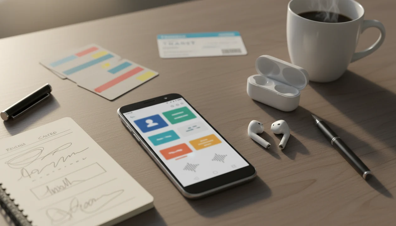 An Android phone, earbuds, notebook, and flashcards arranged for a short daily language study routine.