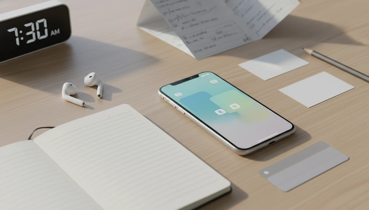 An iPhone study setup with earbuds, flashcards, and notes arranged on a clean desk.