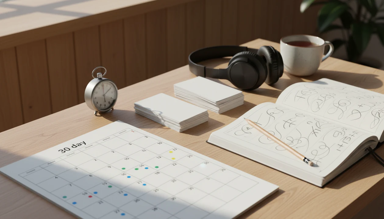 A study desk with a blank 30-day calendar, flashcards, headphones, notebook, timer, and mug.