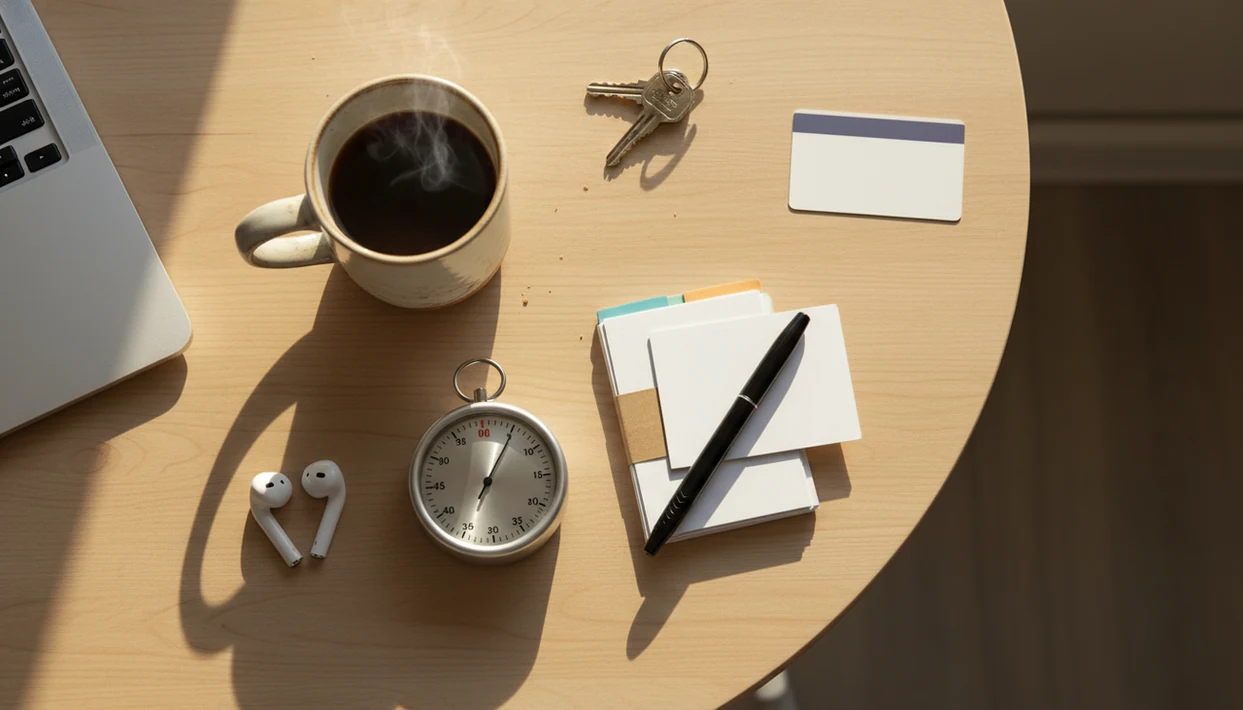 A tidy morning table shows flashcards, earbuds, coffee, keys, and a timer for a short study routine.