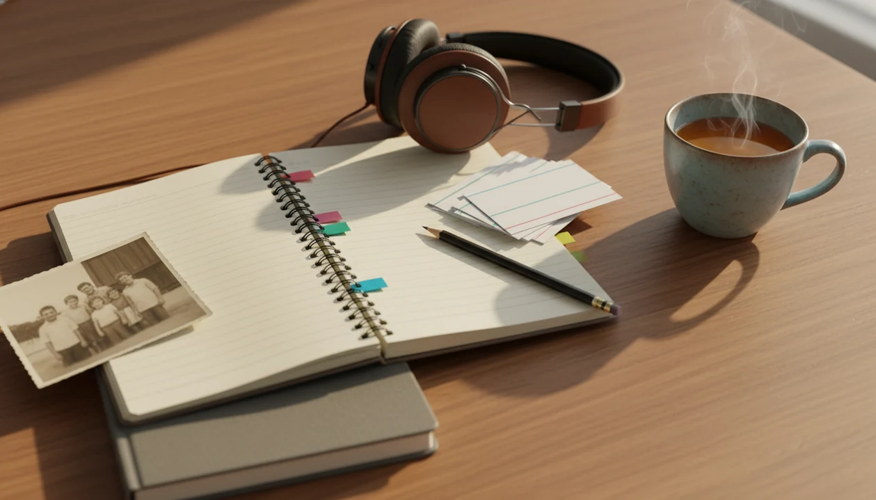 A study desk with a notebook, flashcards, headphones, and a family photo for heritage language learning.