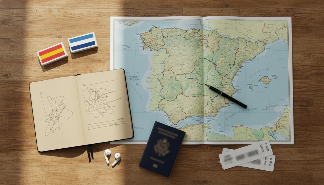A travel language study flat lay with a Spain and France map, phrase cards, earbuds, passport, and notebook.