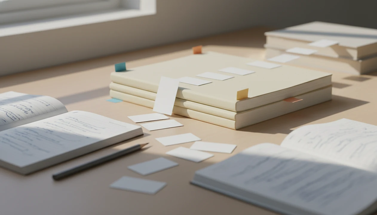A desk still life shows blank study cards climbing onto a notebook plateau and continuing upward.