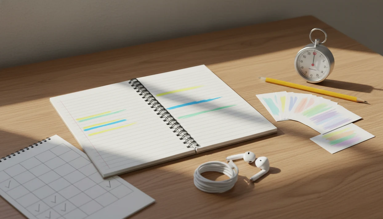 A study desk with a notebook, flashcards, timer, earbuds, and a marked calendar for a 90-day language routine.