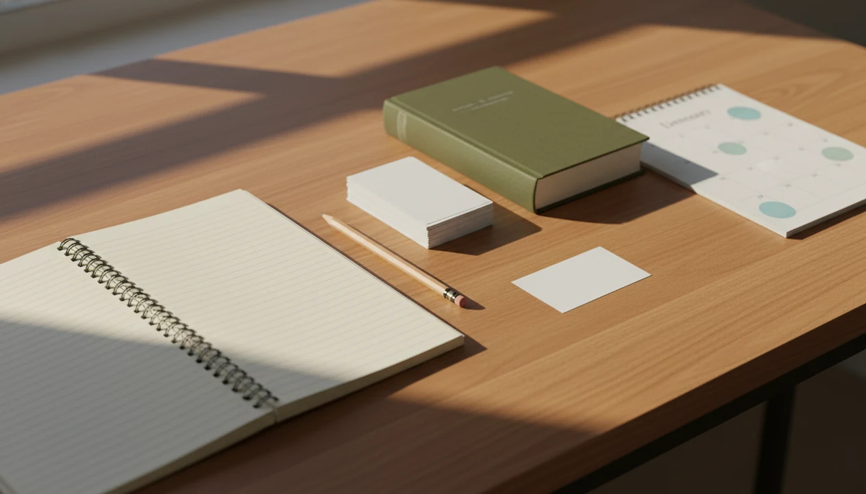 A calm desk setup shows flashcards, a notebook, and a calendar ready for restarting language study.