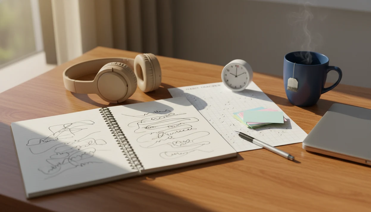 A realistic study desk shows vocabulary cards, headphones, a timer, and progress marks for language practice.