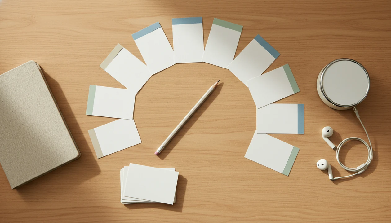 A desk flat lay shows blank study cards arranged like a 12-week language learning roadmap.