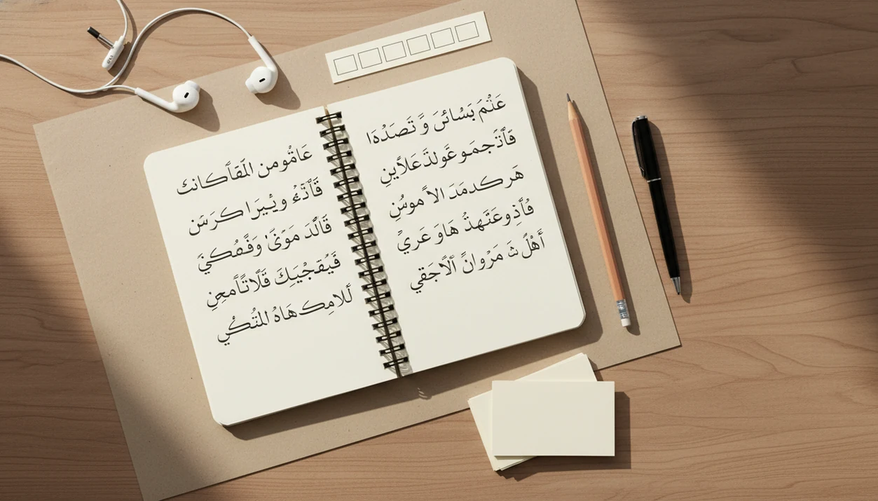 A beginner Arabic study setup with a notebook, practice strokes, flashcards, pen, pencil, and earbuds.