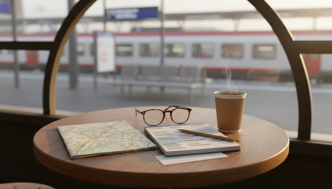 A travel notebook, map, ticket, and coffee are arranged on a station table for planning basic German phrases.