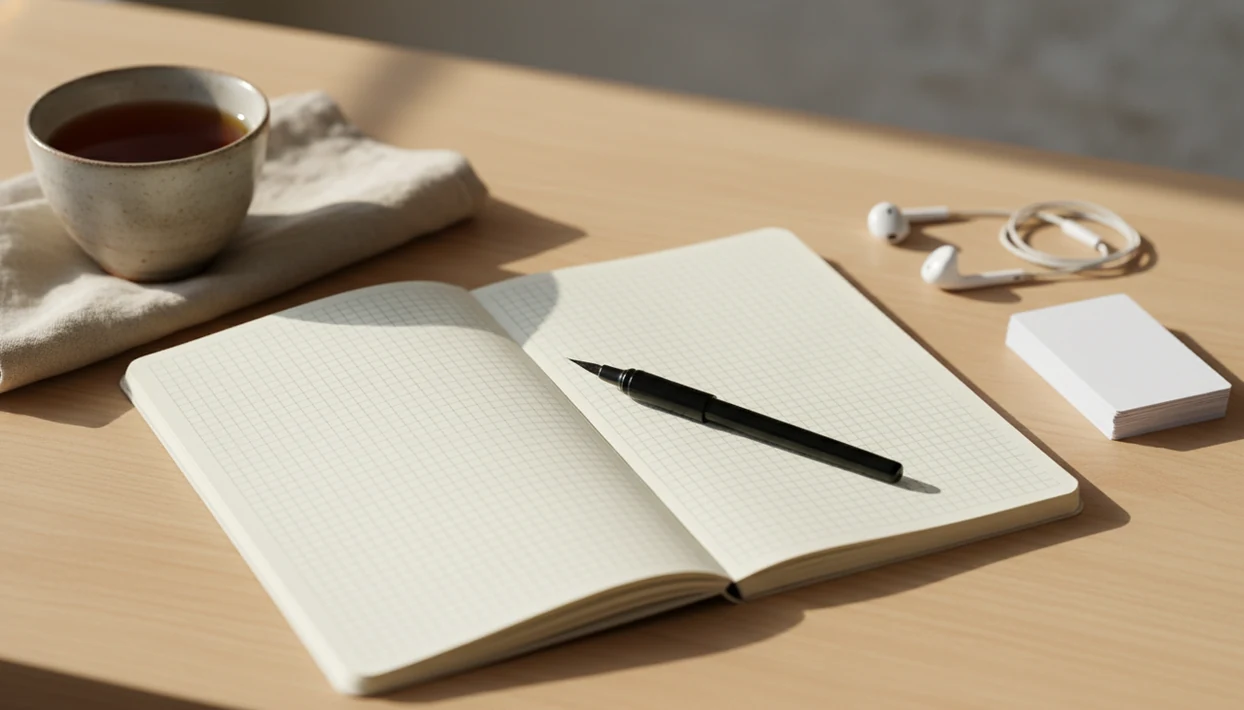 A calm study desk with a blank grid notebook, brush pen, flashcards, and earbuds for Japanese practice.