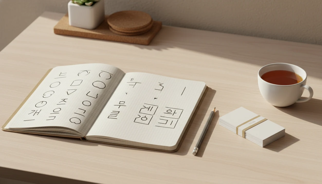 A calm study desk shows a grid notebook with Korean script practice shapes, flashcards, pencil, and tea.
