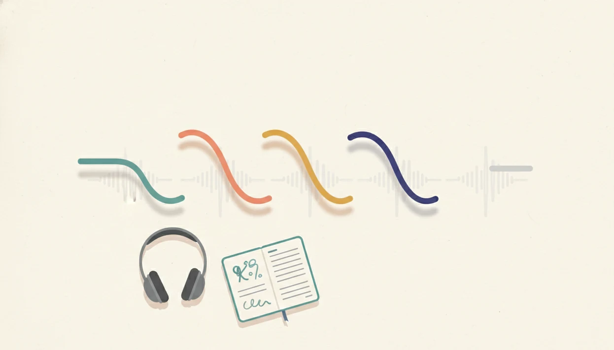Five abstract pitch curves float above audio waves beside headphones and a notebook for Mandarin tone practice.