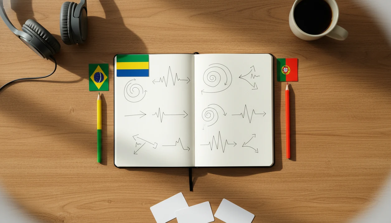 A tidy Portuguese study desk with headphones, blank flashcards, and color cues for Brazil and Portugal.