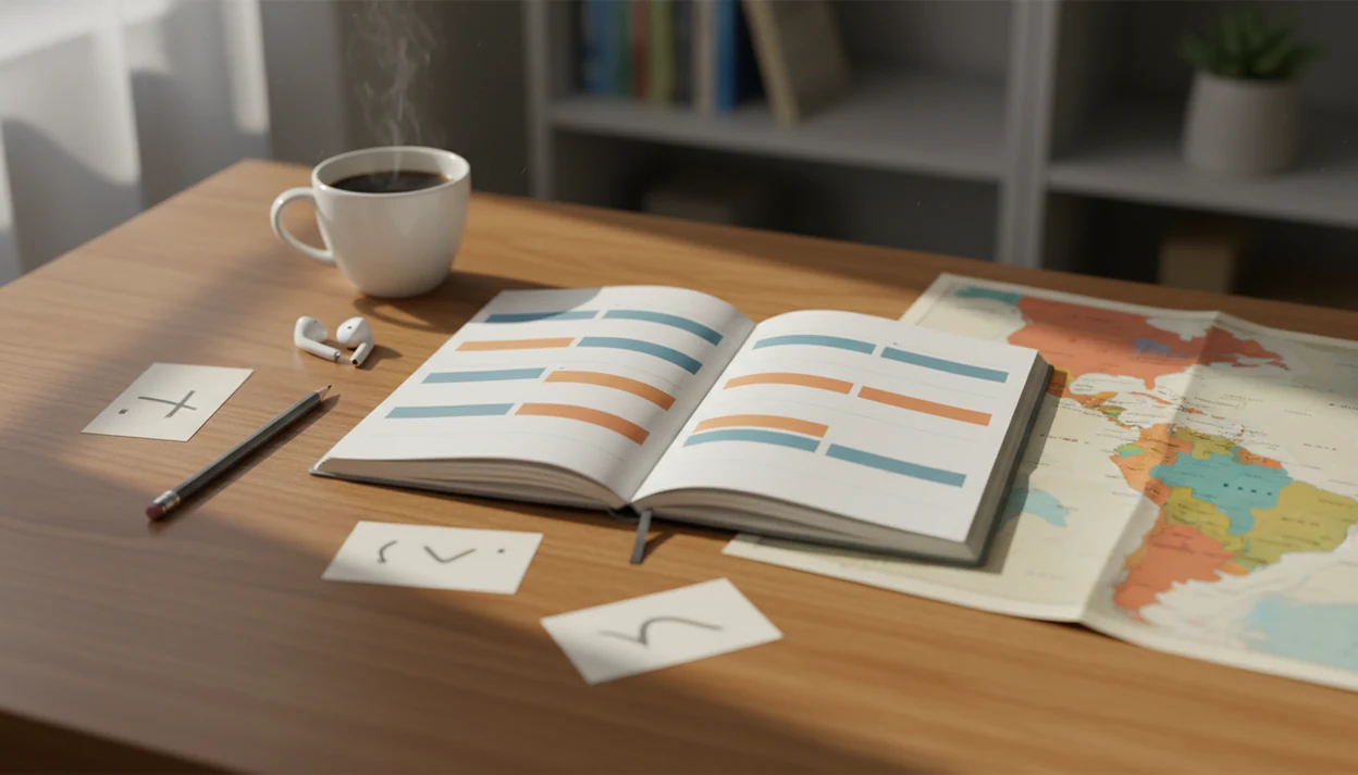 A tidy Spanish beginner study desk with notebook, flashcards, headphones, and color-coded practice rows.