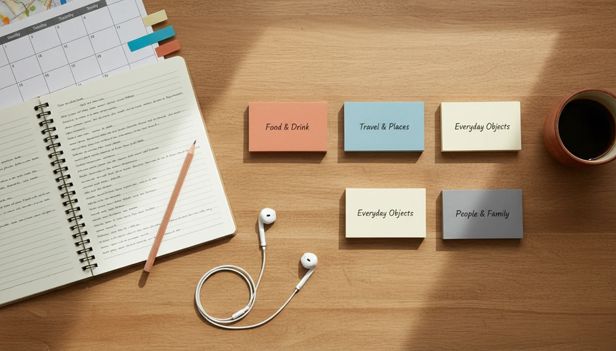 An organized beginner Spanish study desk with blank flashcards, notebook, planner, earbuds, and coffee.