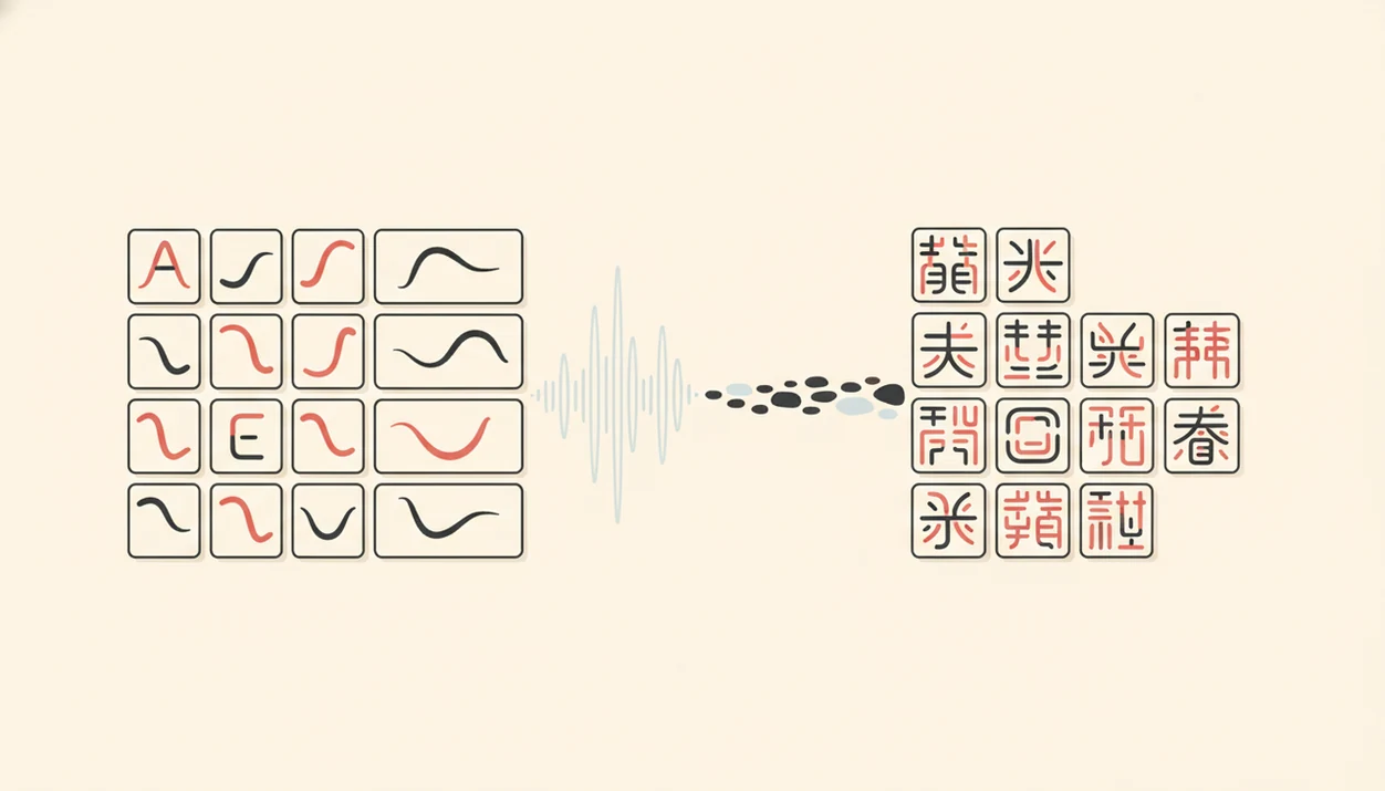 Abstract study cards and character tiles connected by a bridge between sound and writing.