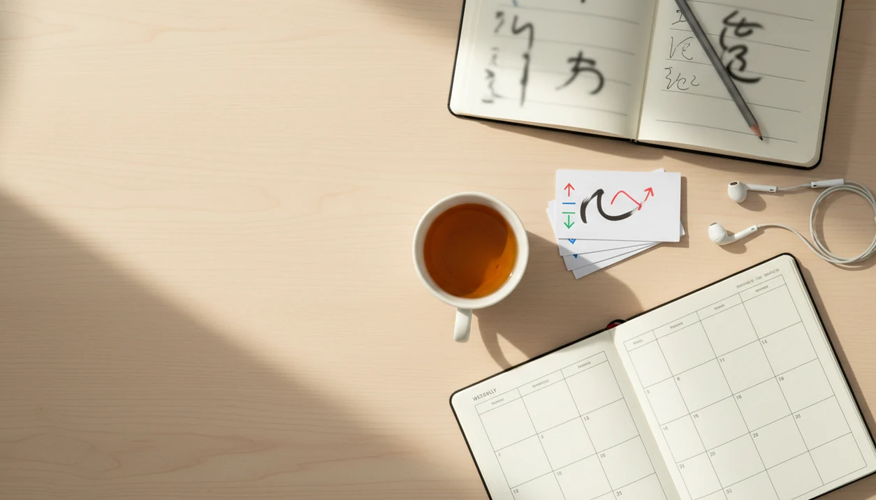 A tidy Mandarin study desk with flashcards, earbuds, tea, and an unreadable practice notebook.
