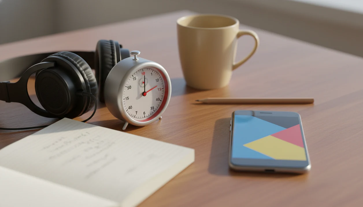 Headphones, a timer, notebook, and phone suggest comparing audio recall with app-based language drills.