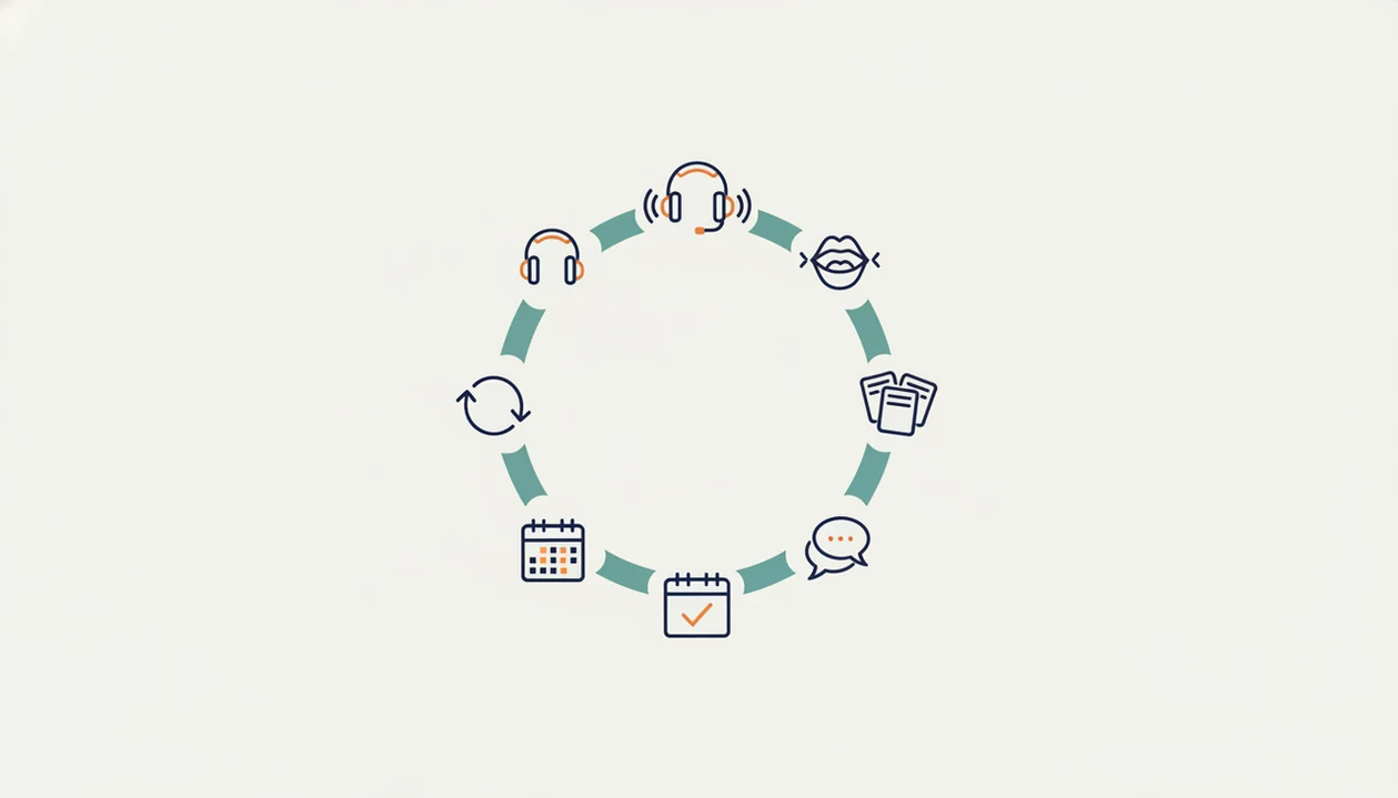 A six-icon circular routine shows listening, speaking, repetition, vocabulary, consistency, and conversation.