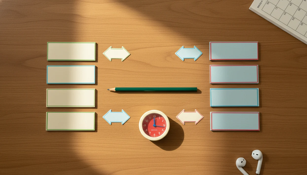 Blank bilingual flashcards, a timer, earbuds, and a planner arranged for vocabulary recall practice.