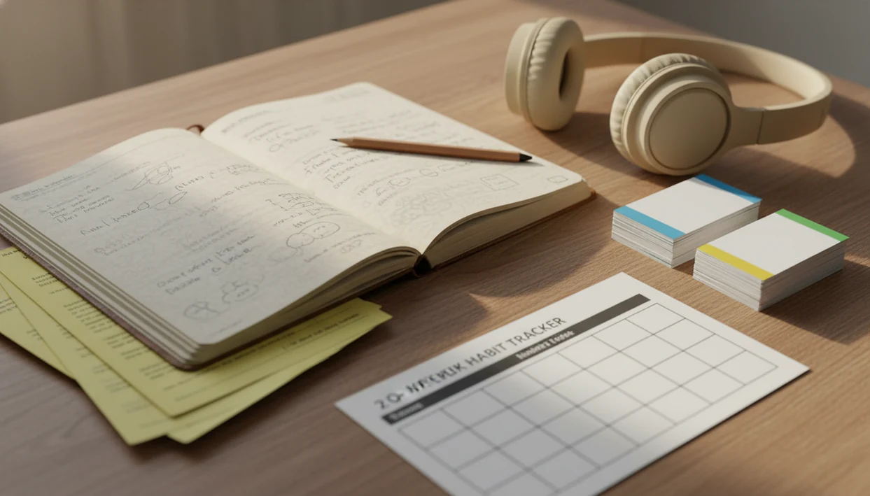 A tidy desk with old language notes, flashcards, headphones, and a simple restart study setup.