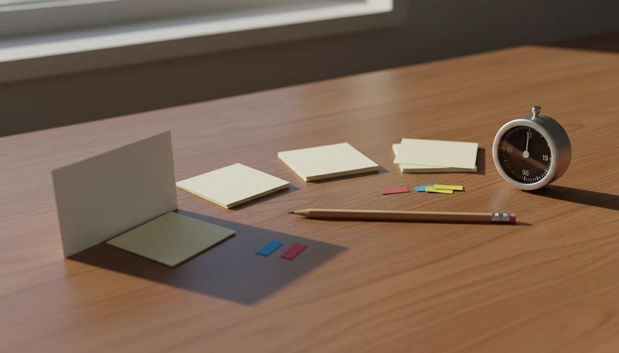 Blank flashcards spread across a desk with a timer and cover card to suggest timed recall practice.
