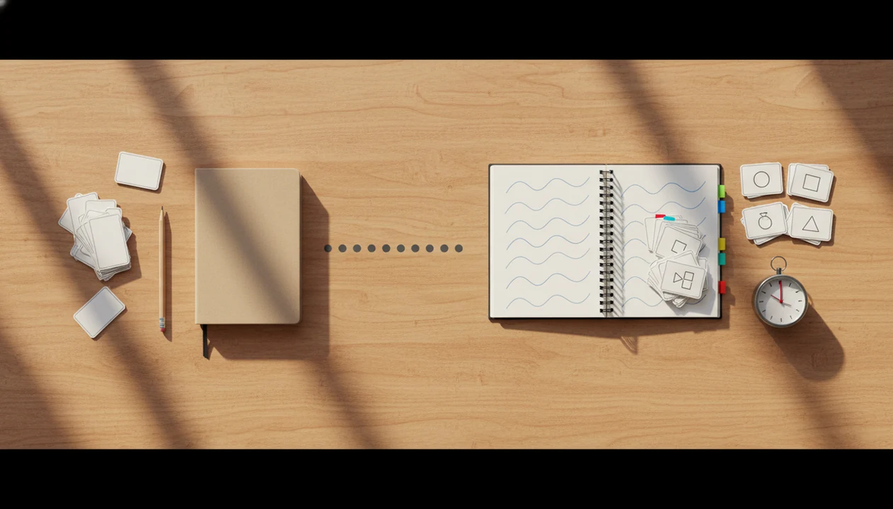 A desk shows messy beginner study materials beside organized flashcards and notes after a month of practice.