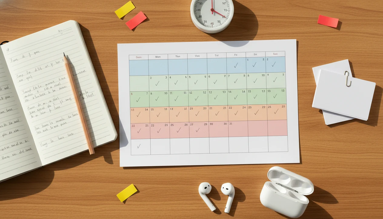 A 30-day Spanish study calendar sits with a notebook, flashcards, pencil, timer, and earbuds on a desk.