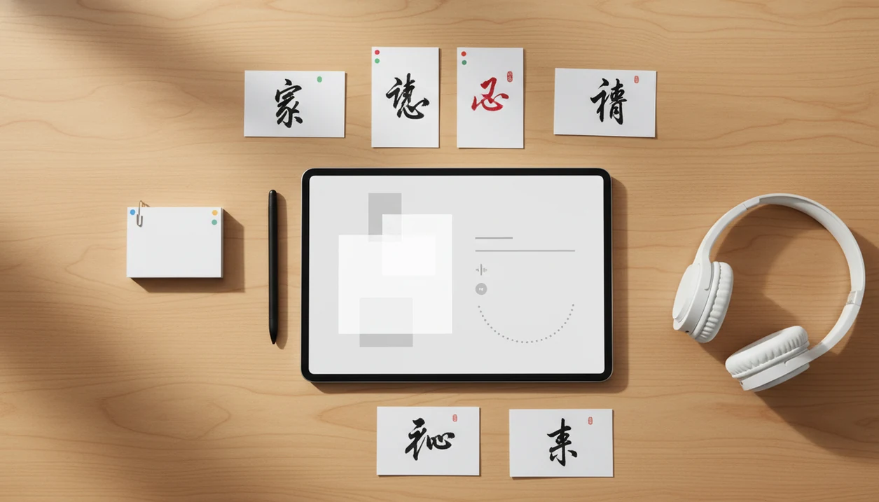 A tablet, paper cards, headphones, and tone dots arranged as a Chinese vocabulary flashcard workspace.