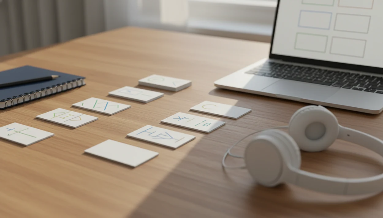 Blank flashcards arranged in spaced intervals beside a notebook, headphones, and a laptop on a study desk.