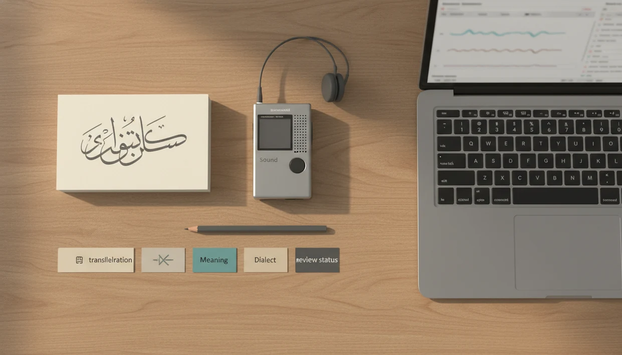 A desk shows organized phrase cards, headphones, tags, and audio tools for building an Arabic study deck.