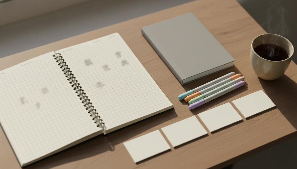 A tidy Mandarin study desk with a notebook, index cards, highlighters, and tea for beginner translation practice.