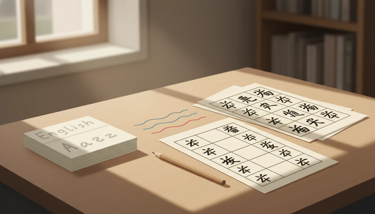 A study desk shows abstract language cards, practice paper, tone curves, and a pencil for Mandarin translation study.