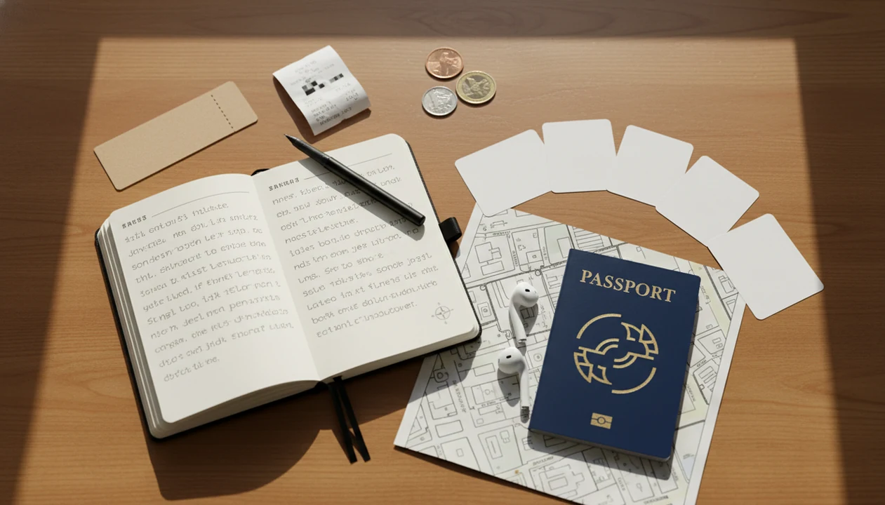 A travel language study setup with blank flashcards, notebook, map, passport, earbuds, and coins on a desk.