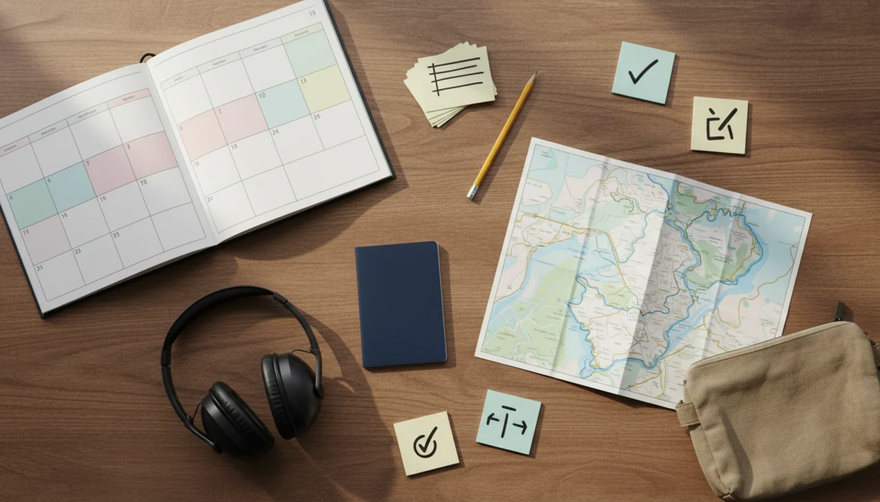 A desk flat lay shows a blank calendar, phrase cards, headphones, map, and travel documents for trip language study.
