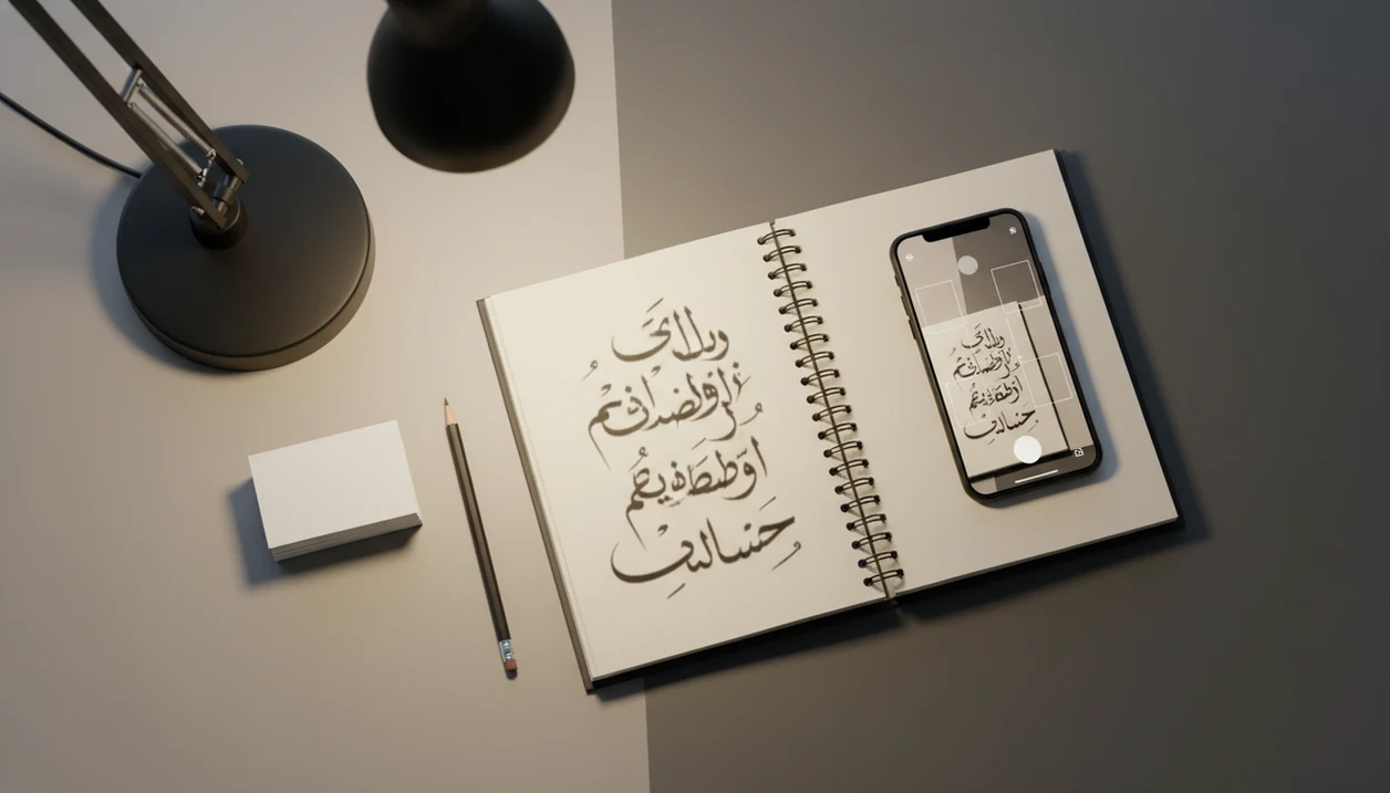 A phone scans abstract Arabic-style script on a study desk with flashcards and a pencil nearby.