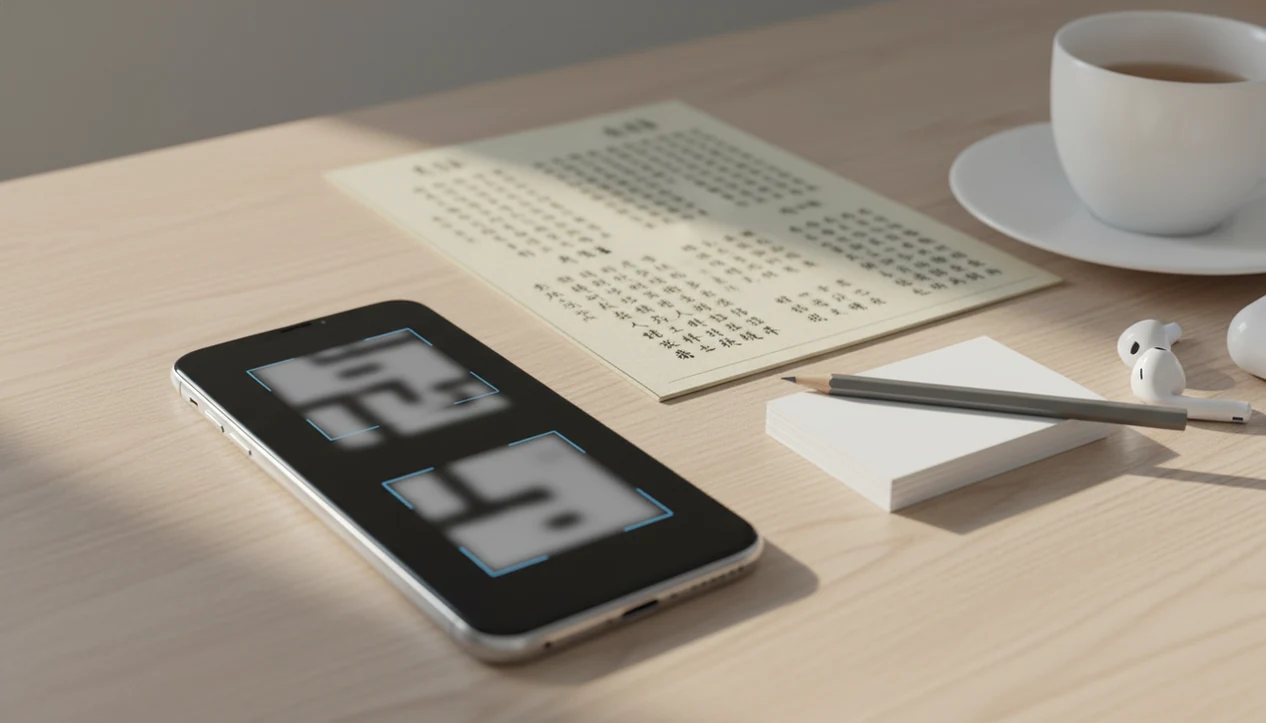 A smartphone scans blurred Chinese text beside blank flashcards and study tools on a wooden desk.