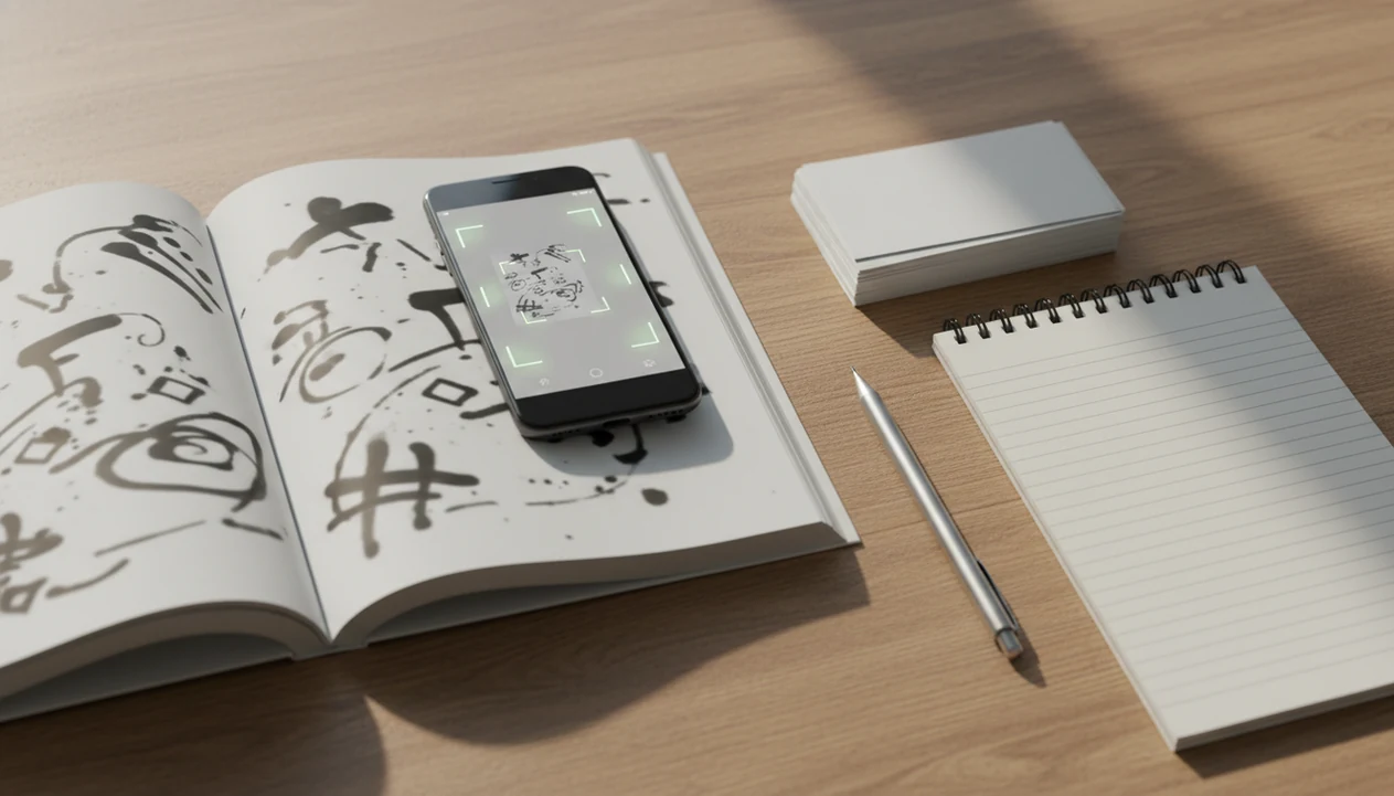 A phone scans a blurred Japanese page beside blank flashcards and study notes on a wooden desk.