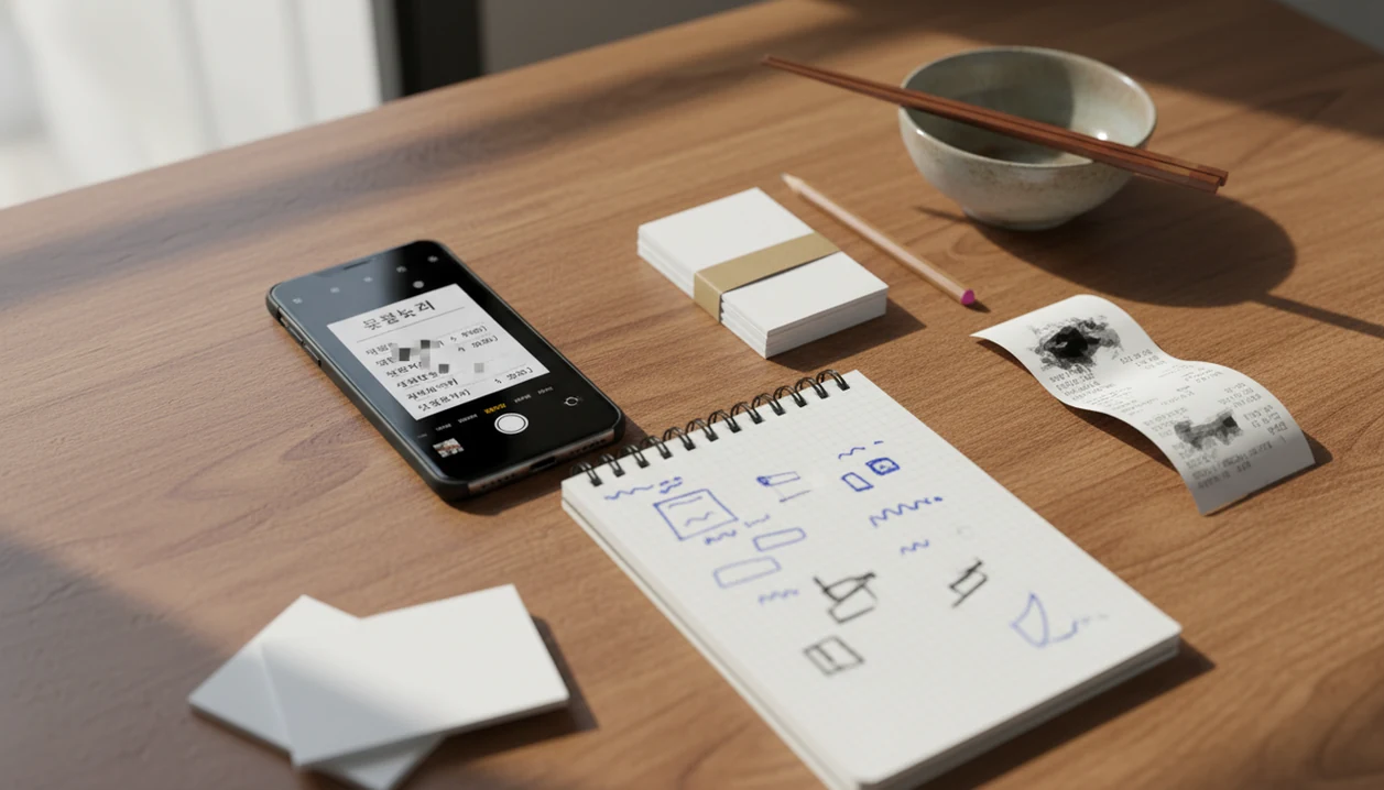A phone scans blurred Korean menu text beside flashcards and a study notebook on a wooden desk.