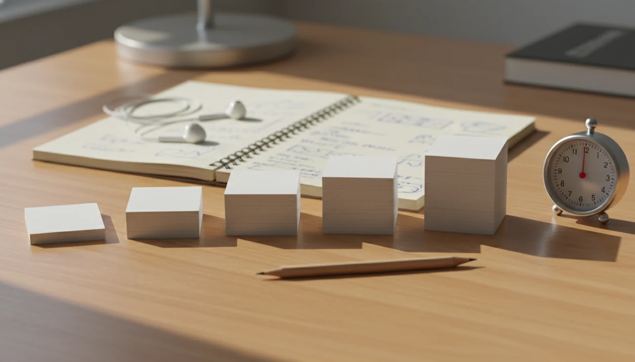 A study desk shows vocabulary cards, a notebook, earbuds, and a timer arranged for daily language practice.