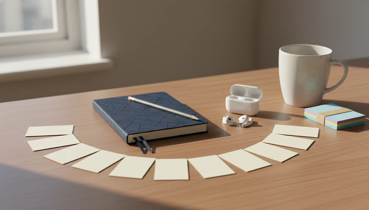 A desk shows blank flashcards, earbuds, and study tools arranged like a two-week language plan.
