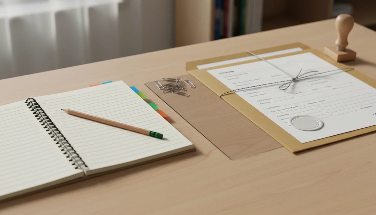 A desk still life separates language study notes from an official document packet and stamp.
